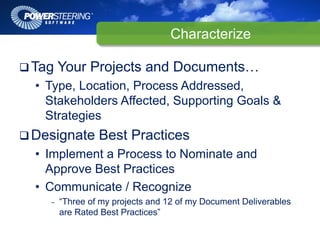 Characterize

Tag Your Projects and Documents…
• Type, Location, Process Addressed,
  Stakeholders Affected, Supporting Goals &
  Strategies
Designate Best Practices
• Implement a Process to Nominate and
  Approve Best Practices
• Communicate / Recognize
   –   “Three of my projects and 12 of my Document Deliverables
       are Rated Best Practices”
 