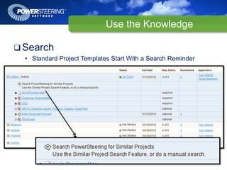 Use the Knowledge

Search
• Standard Project Templates Start With a Search Reminder
 