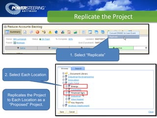 ReplicatetheProject




                          1. Select “Replicate”




2. Select Each Location




 Replicates the Project
 to Each Location as a
  “Proposed” Project.
 