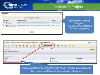 ReplicatedProject


                                              New Project Name is
                                                   Changed…
                                             Location Owner Notified
                                              of New Opportunity




Includes a Reference to the Original Project. Provides Easy Access to
        Documents and Relevant Information from Original.
 