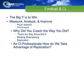 Football & CI

The Big Y is to Win
Measure, Analyze, & Improve
   –   Player Statistics
   –   Film Analysis
• Why Did You Coach the Way You Did?
   –   “That’s the Way Shula Did It”
   –   Stealing Shamelessly
   –   Replication
• As CI Professionals How do We Take
  Advantage of Replication?
 