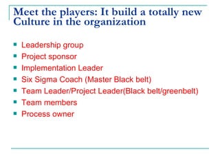 Meet the players: It build a totally new Culture in the organization Leadership group Project sponsor Implementation Leader Six Sigma Coach (Master Black belt) Team Leader/Project Leader(Black belt/greenbelt) Team members Process owner 