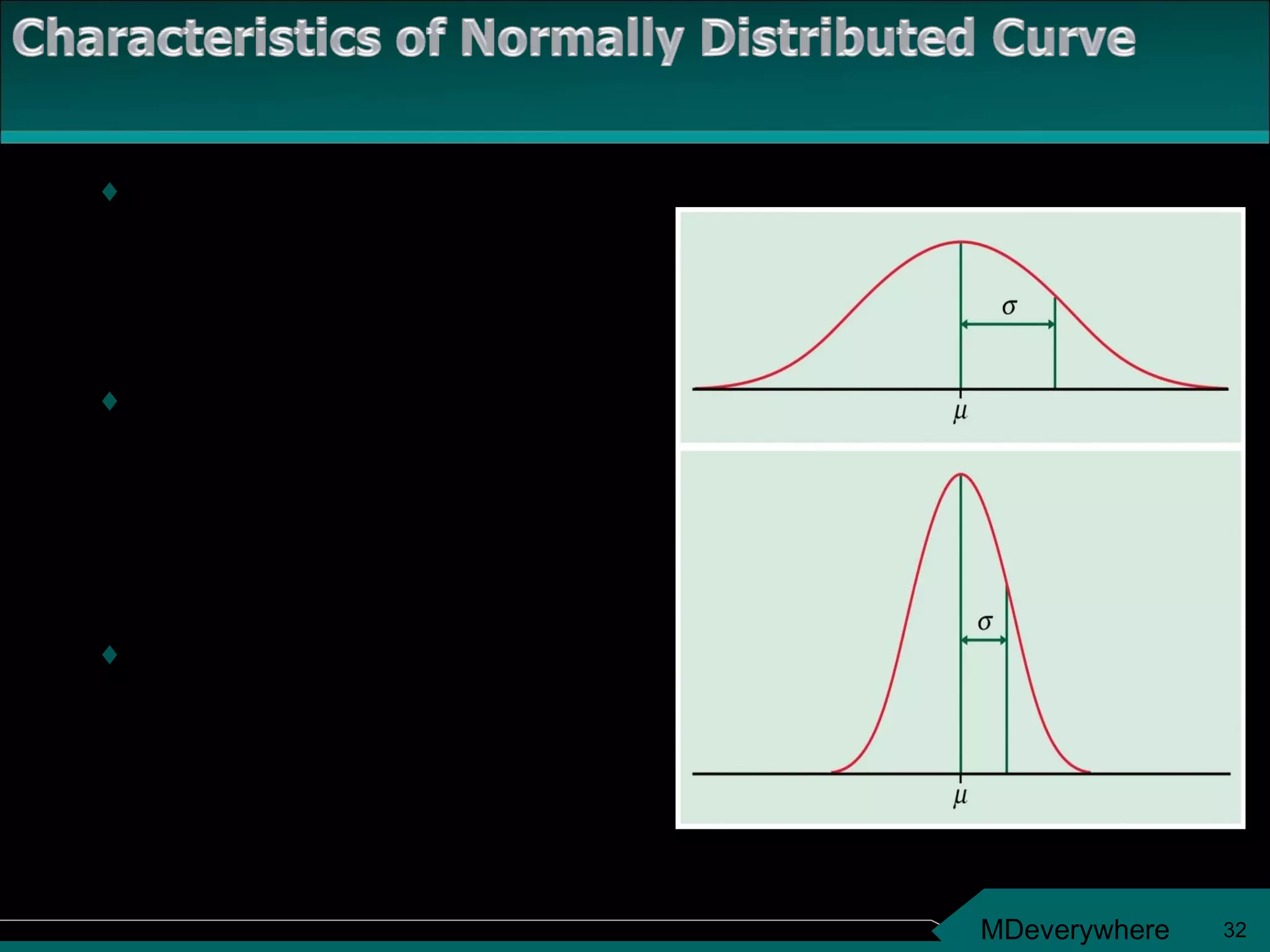 A normal distribution is bell-shaped and symmetric. The mean (mu) controls the center and standard deviation/variation (s) controls the spread  The distribution is determined by the mean (mu,   and the standard deviation (s) 