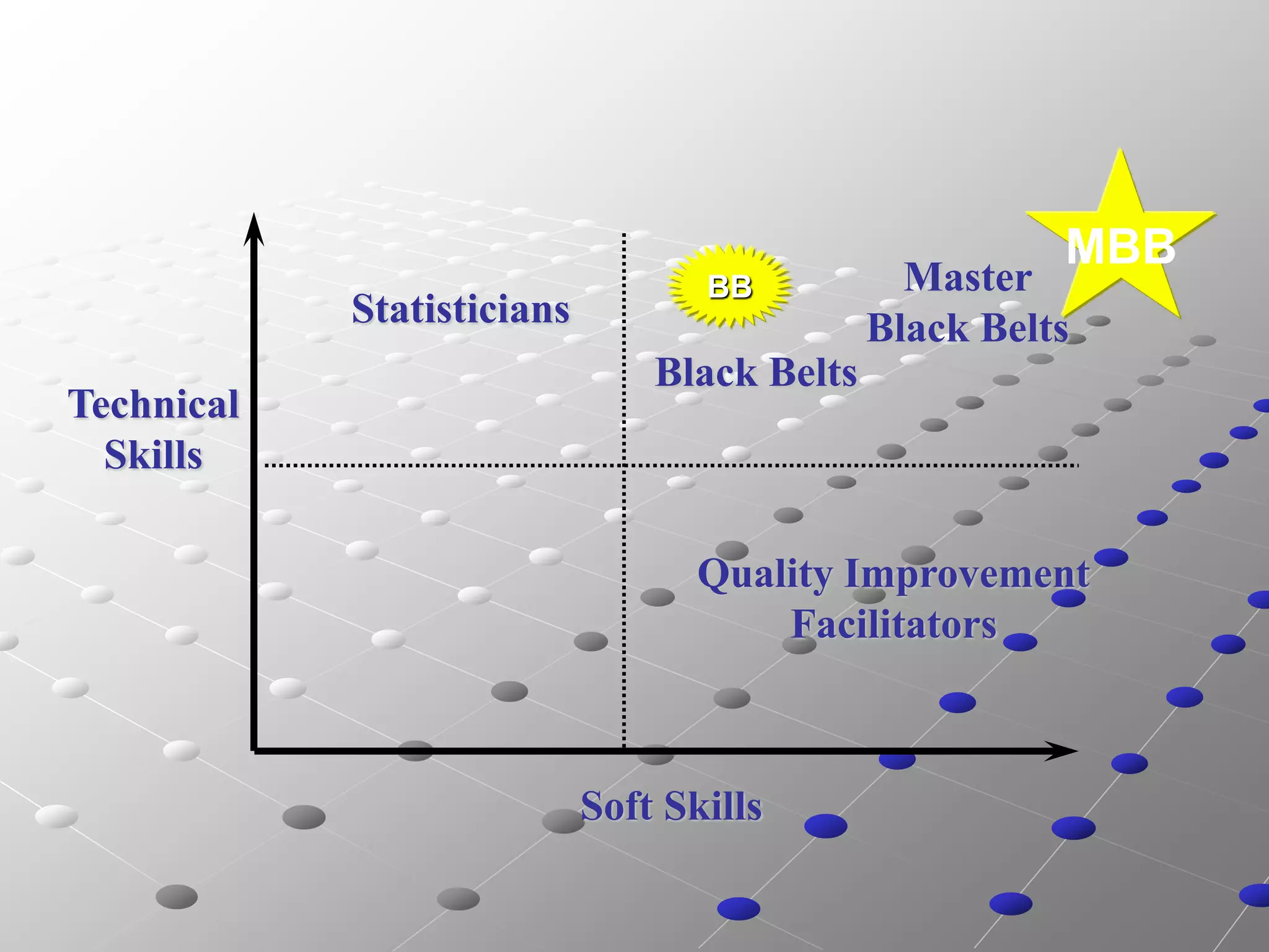 Technical
Skills
Soft Skills
Statisticians
Master
Black Belts
Black Belts
Quality Improvement
Facilitators
BB
MBB
 