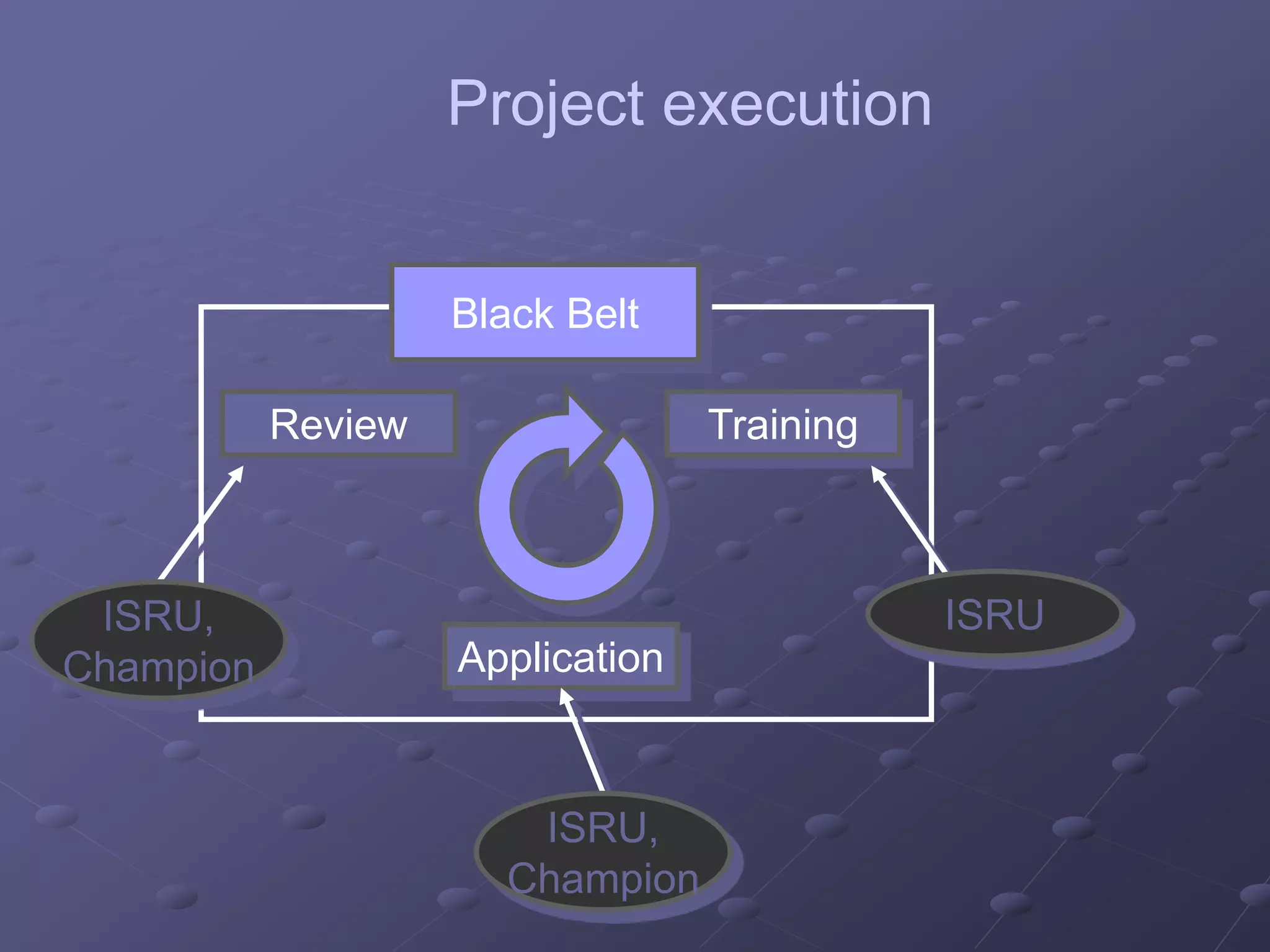 Black Belt
Training
Application
Review
ISRU
ISRU,
Champion
ISRU,
Champion
Project execution
 