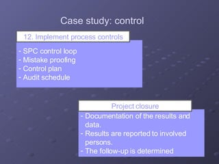 SPC control loop Mistake proofing Control plan Audit schedule 12. Implement process controls Case study: control Documentation of the results and data. Results are reported to involved persons. The follow-up is determined Project closure 