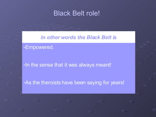 In other words the Black Belt is Empowered. In the sense that it was always meant! As the theroists have been saying for years! Black Belt role! 