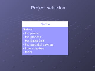 Define Select: - the project  the process the Black Belt the potential savings time schedule team Project selection 