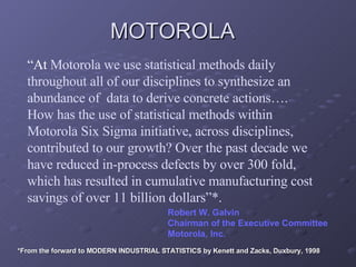“ At  Motorola we use statistical methods daily throughout all of our disciplines to synthesize an abundance of  data to derive concrete actions…. How has the use of statistical methods within Motorola Six Sigma initiative, across disciplines, contributed to our growth? Over the past decade we have reduced in-process defects by over 300 fold, which has resulted in cumulative manufacturing cost savings of over 11 billion dollars”*. Robert W. Galvin Chairman of the Executive Committee Motorola, Inc. MOTOROLA *From the forward to MODERN INDUSTRIAL STATISTICS by Kenett and Zacks, Duxbury, 1998 