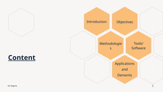 Six Sigma
Content
Introduction
Methodologie
s
Tools/
Software
Applications
and
Demerits
Objectives
Presentation Title
2
 