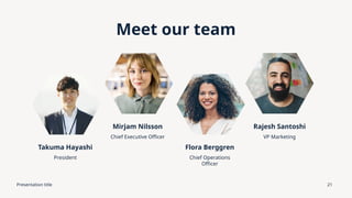 Presentation title 21
Meet our team
Takuma Hayashi
President
Mirjam Nilsson
Chief Executive Officer
Flora Berggren
Chief Operations
Officer
Rajesh Santoshi
VP Marketing
 