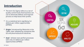 3
Introduction
 The term Six Sigma refers to a set of
quality control tools that business can
use to eliminate defects and improve
process to help boost their profits.
 It is a statistical term signifying 3.4
defects per million opportunities
(DPMO).
 Origin: Introduced by Motorola in the
1980s, later adopted by companies like
GE and pharmaceutical industries.
 Goal: Achieve near-perfect processes
with only 3.4 defects per million
opportunities (DPMO).
Six Sigma
 