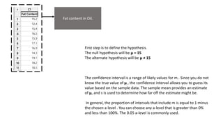 Fat content in Oil.
First step is to define the hypothesis.
The null hypothesis will be μ = 15
The alternate hypothesis will be μ ≠ 15
The confidence interval is a range of likely values for m . Since you do not
know the true value of μ , the confidence interval allows you to guess its
value based on the sample data. The sample mean provides an estimate
of μ, and s is used to determine how far off the estimate might be.
In general, the proportion of intervals that include m is equal to 1 minus
the chosen a-level . You can choose any a-level that is greater than 0%
and less than 100%. The 0.05 a-level is commonly used.
 