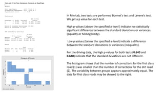 3
2
1
0
252015105
3
2
1
0
1
Corrects
Frequency
2
Histogram of Corrects
Panel variable: RoadType
In Minitab, two tests are performed Bonnet's test and Levene's test.
We get a p value for each test.
High p-values (above the specified a-level ) indicate no statistically
significant difference between the standard deviations or variances
(equality or homogeneity).
Low p-values (below the specified a-level) indicate a difference
between the standard deviations or variances (inequality).
For the driving data, the high p-values for both tests (0.640 and
0.680) indicate that the standard deviations are not different.
The histogram shows that the number of corrections for the first class
road (1) was smaller than the number of corrections for the dirt road
(2). The variability between groups appears approximately equal. The
data for first class roads may be skewed to the right.
 