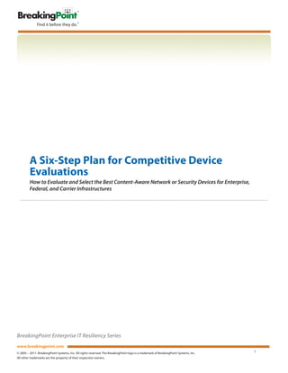 A Six-Step Plan for Competitive Device
         Evaluations
         How to Evaluate and Select the Best Content-Aware Network or Security Devices for Enterprise,
         Federal, and Carrier Infrastructures




BreakingPoint Enterprise IT Resiliency Series
www.breakingpoint.com
                                                                                                                                       1
© 2005 – 2011. BreakingPoint Systems, Inc. All rights reserved. The BreakingPoint logo is a trademark of BreakingPoint Systems, Inc.
All other trademarks are the property of their respective owners.
 