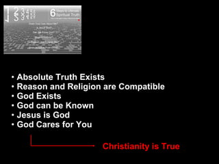 D o e s God Absolute Truth Exists Reason and Religion are Compatible God Exists God can be Known Jesus is God God Cares for You Christianity is True 