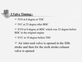 3.Valve Timing:-
 IVO at 0 degree at TDC
 IVC at 25 degree after BDC
 EVO at 0 degree at BDC which was 25 degree before
BDC in the original engine
 EVC at 10 degree before TDC
 Air inlet reed valve is opened in the fifth
stroke and then for the sixth stroke exhaust
valve is opened
 