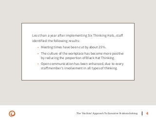 The "Six Hats" Approach To Executive Problem Solving 4
Less than a year after implementing Six Thinking Hats, staff
identified the following results:
•	 Meeting times have been cut by about 25%.
•	 The culture of the workplace has become more positive
by reducing the proportion of Black Hat Thinking.
•	 Open communication has been enhanced, due to every
staff member’s involvement in all types of thinking.
 