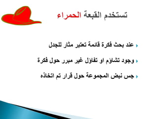 ‫للجدل‬ ‫مثار‬ ‫تعتبر‬ ‫قائمة‬ ‫فكرة‬ ‫بحث‬ ‫عند‬
‫فكر‬ ‫حول‬ ‫مبرر‬ ‫غير‬ ‫تفاؤل‬ ‫او‬ ‫تشاؤم‬ ‫وجود‬‫ة‬
‫نب‬ ‫جس‬‫ض‬‫اتخاذه‬ ‫تم‬ ‫قرار‬ ‫حول‬ ‫المجموعة‬
 