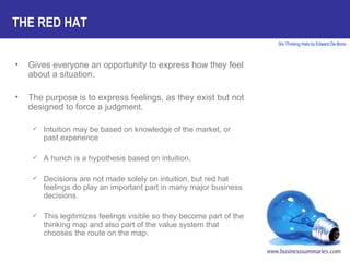 Gives everyone an opportunity to express how they feel about a situation.  The purpose is to express feelings, as they exist but not designed to force a judgment. Intuition may be based on knowledge of the market, or past experience A hunch is a hypothesis based on intuition. Decisions are not made solely on intuition, but red hat feelings do play an important part in many major business decisions. This legitimizes feelings visible so they become part of the thinking map and also part of the value system that chooses the route on the map. THE RED HAT 