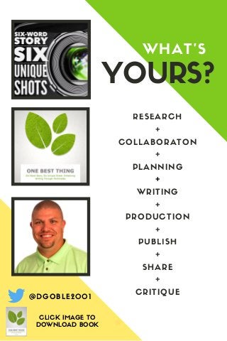 YOURS?
WHAT'S
@DGOBLE2001
RESEARCH
+
COLLABORATON
+
PLANNING
+
WRITING
+
PRODUCTION
+
PUBLISH
+
SHARE
+
CRITIQUE
CLICK IMAGE TO
DOWNLOAD BOOK
 