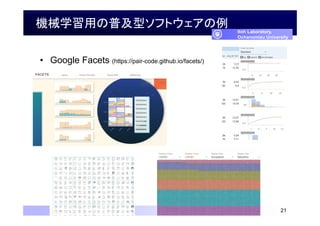 機械学習用の普及型ソフトウェアの例
• Google Facets (https://pair-code.github.io/facets/)
21
Itoh Laboratory,
Ochanomizu University
 