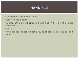  17 minutes and 8 folds later 
 Ac3c on the Button 
 1 l imp, CO makes it $20, I 3-bet to $65. Al l fold to the raiser 
who cal ls. 
 Kd7d7s 
 My opponent checks, I bet $75, he checkraises to $180, and I 
fold. 
HAND #11 
 
