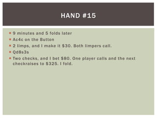 HAND #15 
 9 minutes and 5 folds later 
 Ac4c on the Button 
 2 l imps, and I make it $30. Both l impers cal l . 
 Qd8s3s 
 Two checks, and I bet $80. One player cal ls and the next 
checkraises to $325. I fold. 
 