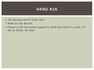  13 minutes and 6 folds later 
 As6s on the Button 
 P l ayer 3 o f f t h e b u t to n o p e ns fo r $ 3 0 a nd t h e re ’ s a c a l l . I 3 - 
bet to $110. Al l fold. 
HAND #16 
 