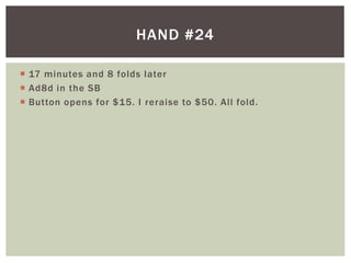 HAND #24 
 17 minutes and 8 folds later 
 Ad8d in the SB 
 Button opens for $15. I reraise to $50. Al l fold. 
 