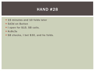 HAND #28 
 15 minutes and 10 folds later 
 5d3d on Button 
 I open for $15. SB cal ls. 
 Kc8c3s 
 SB checks, I bet $30, and he folds. 
 
