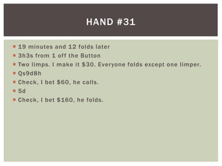 HAND #31 
 19 minutes and 12 folds later 
 3h3s from 1 of f the Button 
 Two l imps. I make it $30. Everyone folds except one l imper. 
 Qs9d8h 
 Check, I bet $60, he cal ls. 
 5d 
 Check, I bet $160, he folds. 
 