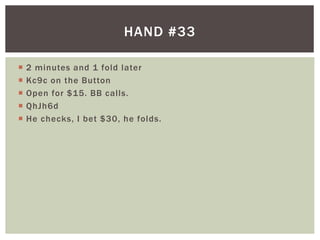 HAND #33 
 2 minutes and 1 fold later 
 Kc9c on the Button 
 Open for $15. BB cal ls. 
 QhJh6d 
 He checks, I bet $30, he folds. 
 