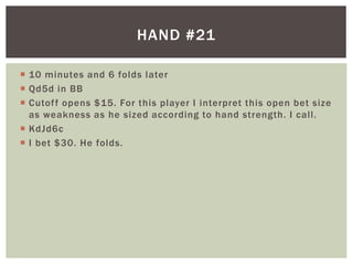  10 minutes and 6 folds later 
 Qd5d in BB 
 Cutof f opens $15. For this player I interpret this open bet size 
as weakness as he sized according to hand strength. I cal l . 
 KdJd6c 
 I bet $30. He folds. 
HAND #21 
 