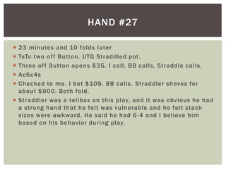 HAND #27 
 23 minutes and 10 folds later 
 TsTc two of f Button. UTG Straddled pot. 
 Three of f Button opens $35. I cal l . BB cal ls, Straddle cal ls. 
 Ac6c4s 
 Checked to me. I bet $105. BB cal ls. Straddler shoves for 
about $900. Both fold. 
 Straddler was a tel lbox on this play, and it was obvious he had 
a strong hand that he felt was vulnerable and he felt stack 
sizes were awkward. He said he had 6-4 and I bel ieve him 
based on his behavior during play. 
 