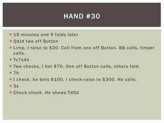 HAND #30 
 15 minutes and 9 folds later 
 QdJd two of f Button 
 Limp, I raise to $20. Cal l from one of f Button. BB cal ls, l imper 
cal ls. 
 Tc7s4h 
 Two checks, I bet $70. One of f Button cal ls, others fold. 
 7h 
 I check, he bets $100, I check-raise to $300. He cal ls. 
 3s 
 Check-check. He shows Td5d 
 