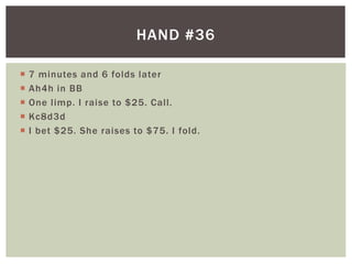 HAND #36 
 7 minutes and 6 folds later 
 Ah4h in BB 
 One l imp. I raise to $25. Cal l. 
 Kc8d3d 
 I bet $25. She raises to $75. I fold. 
 