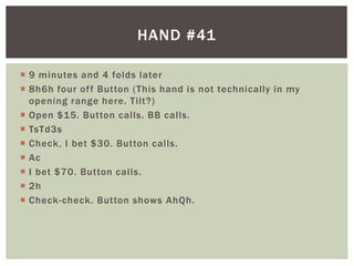 HAND #41 
 9 minutes and 4 folds later 
 8h6h four of f Button (This hand is not technically in my 
opening range here. Ti lt?) 
 Open $15. Button cal ls. BB cal ls. 
 TsTd3s 
 Check, I bet $30. Button cal ls. 
 Ac 
 I bet $70. Button cal ls. 
 2h 
 Check-check. Button shows AhQh. 
 