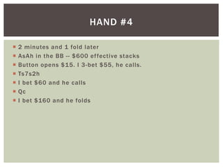 HAND #4 
 2 minutes and 1 fold later 
 AsAh in the BB -- $600 ef fective stacks 
 Button opens $15. I 3-bet $55, he cal ls. 
 Ts7s2h 
 I bet $60 and he cal ls 
 Qc 
 I bet $160 and he folds 
 