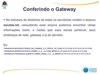 Conferindo o Gateway
● Na estrutura de diretórios de todos os servidores contém o arquivo
escolas.txt, consultando esse arquivo podemos encontrar várias
informações como: o núcleo que essa escola pertence, seus
endereços de rede, gateway e ip do servidor.
Ex:
PARANAGUA:MATINHOS:TEREZA_DA_S.RAMOS,_E_E_PROFA_-EE_FUND:10.175.14.56:10.175.14.57:10.175.14.58
PARANAGUA:MORRETES:ROCHA_POMBO,_C_E_-_E_FUND_MEDIO:10.175.14.64:10.175.14.65:10.175.14.66
PARANAGUA:PARANAGUA:ALBERTO_GOMES_VEIGA,_C_E_-_E_MEDIO:10.175.14.72:10.175.14.73:10.175.14.74
 
