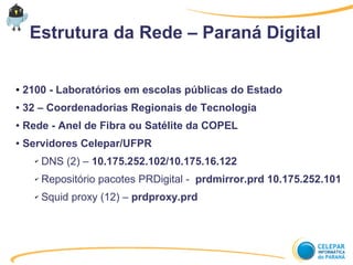 Estrutura da Rede – Paraná Digital
● 2100 - Laboratórios em escolas públicas do Estado
● 32 – Coordenadorias Regionais de Tecnologia
● Rede - Anel de Fibra ou Satélite da COPEL
● Servidores Celepar/UFPR
✔ DNS (2) – 10.175.252.102/10.175.16.122
✔ Repositório pacotes PRDigital - prdmirror.prd 10.175.252.101
✔ Squid proxy (12) – prdproxy.prd
 