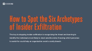 HowtoSpottheSixArchetypes
of Insider Exfiltration
The key to stopping insider exﬁltration is recognizing the threat and learning to
identify the individuals most likely to steal sensitive data. Knowing which personae
to watch for could help an organization avoid a costly breach.
 