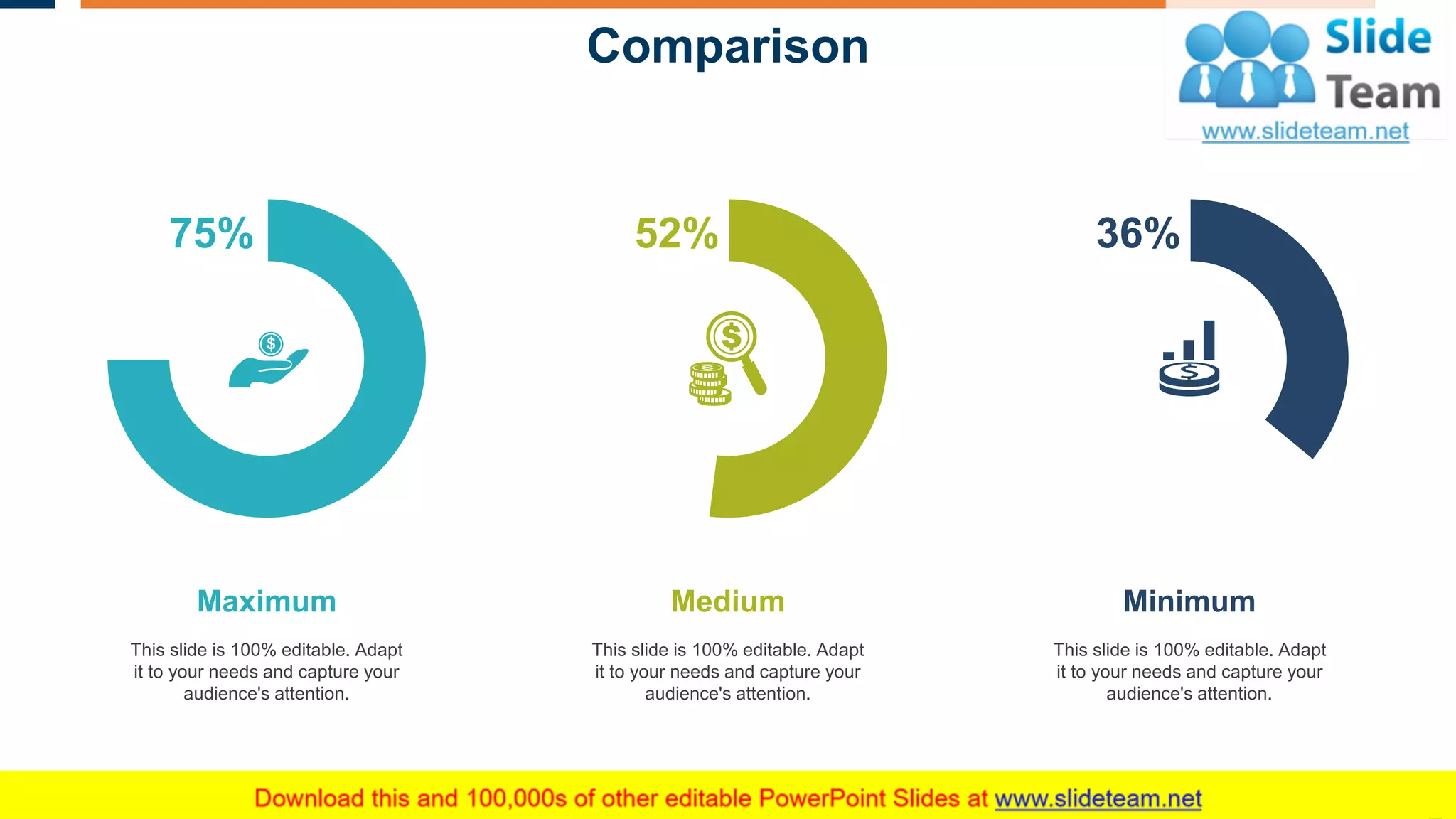 Comparison
24
Minimum
This slide is 100% editable. Adapt
it to your needs and capture your
audience's attention.
This slide is 100% editable. Adapt
it to your needs and capture your
audience's attention.
Maximum
This slide is 100% editable. Adapt
it to your needs and capture your
audience's attention.
Medium
36%75% 52%
 