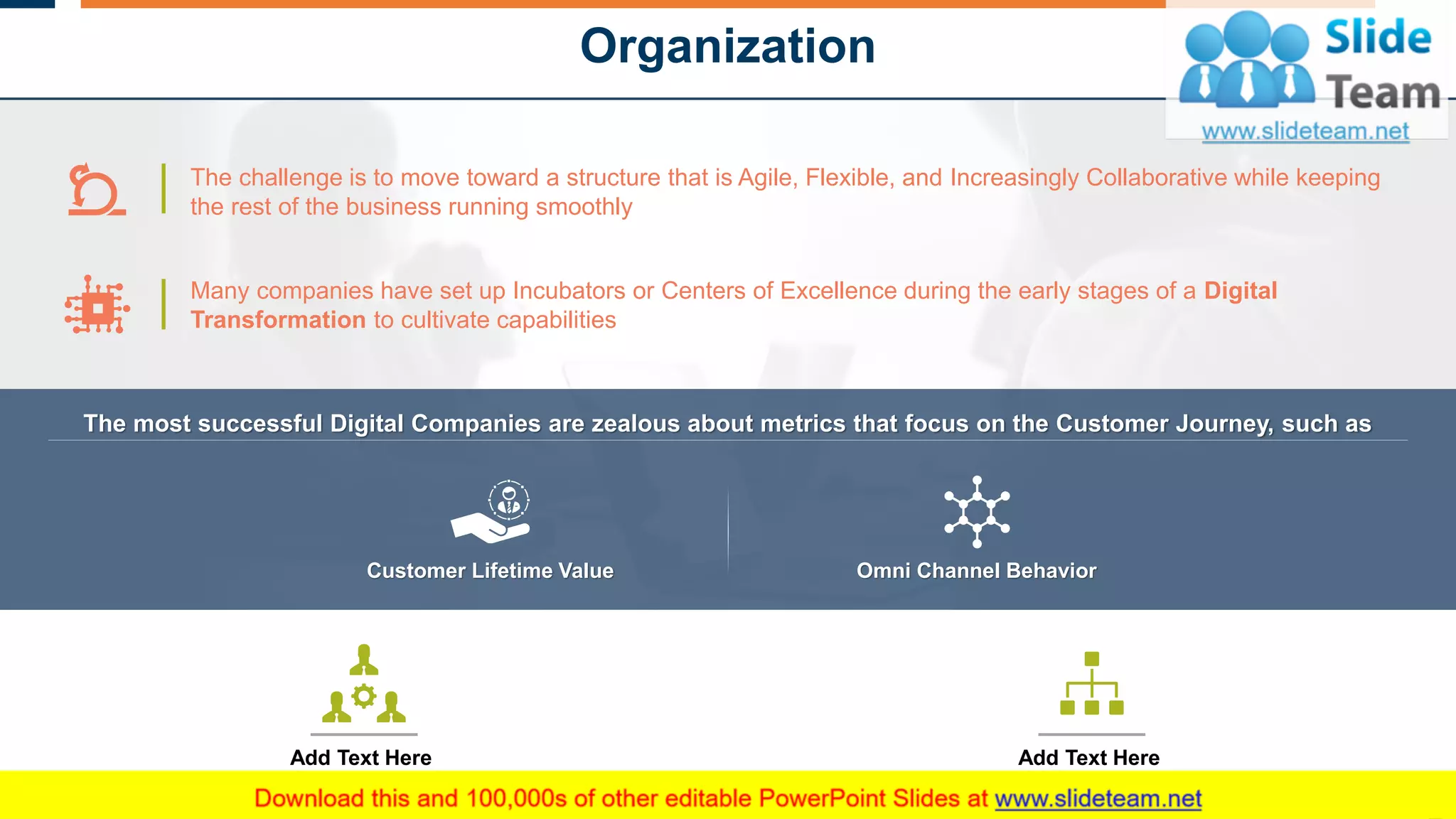 Organization
This slide is 100% editable. Adapt it to your needs and capture your audience's attention.
8
The challenge is to move toward a structure that is Agile, Flexible, and Increasingly Collaborative while keeping
the rest of the business running smoothly
Many companies have set up Incubators or Centers of Excellence during the early stages of a Digital
Transformation to cultivate capabilities
Omni Channel Behavior
The most successful Digital Companies are zealous about metrics that focus on the Customer Journey, such as
Customer Lifetime Value
Add Text HereAdd Text Here
 