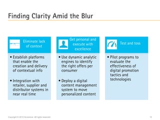 Copyright © 2014 Accenture All rights reserved. 10
Finding Clarity Amid the Blur
• Establish platforms
that enable the
creation and delivery
of contextual info
• Integration with
retailer, supplier and
distributor systems in
near real time
• Use dynamic analytic
engines to identify
the right offers per
consumer
• Deploy a digital
content management
system to move
personalized content
• Pilot programs to
evaluate the
effectiveness of
digital promotion
tactics and
technologies
Eliminate lack
of context
Get personal and
execute with
excellence
Test and toss
 