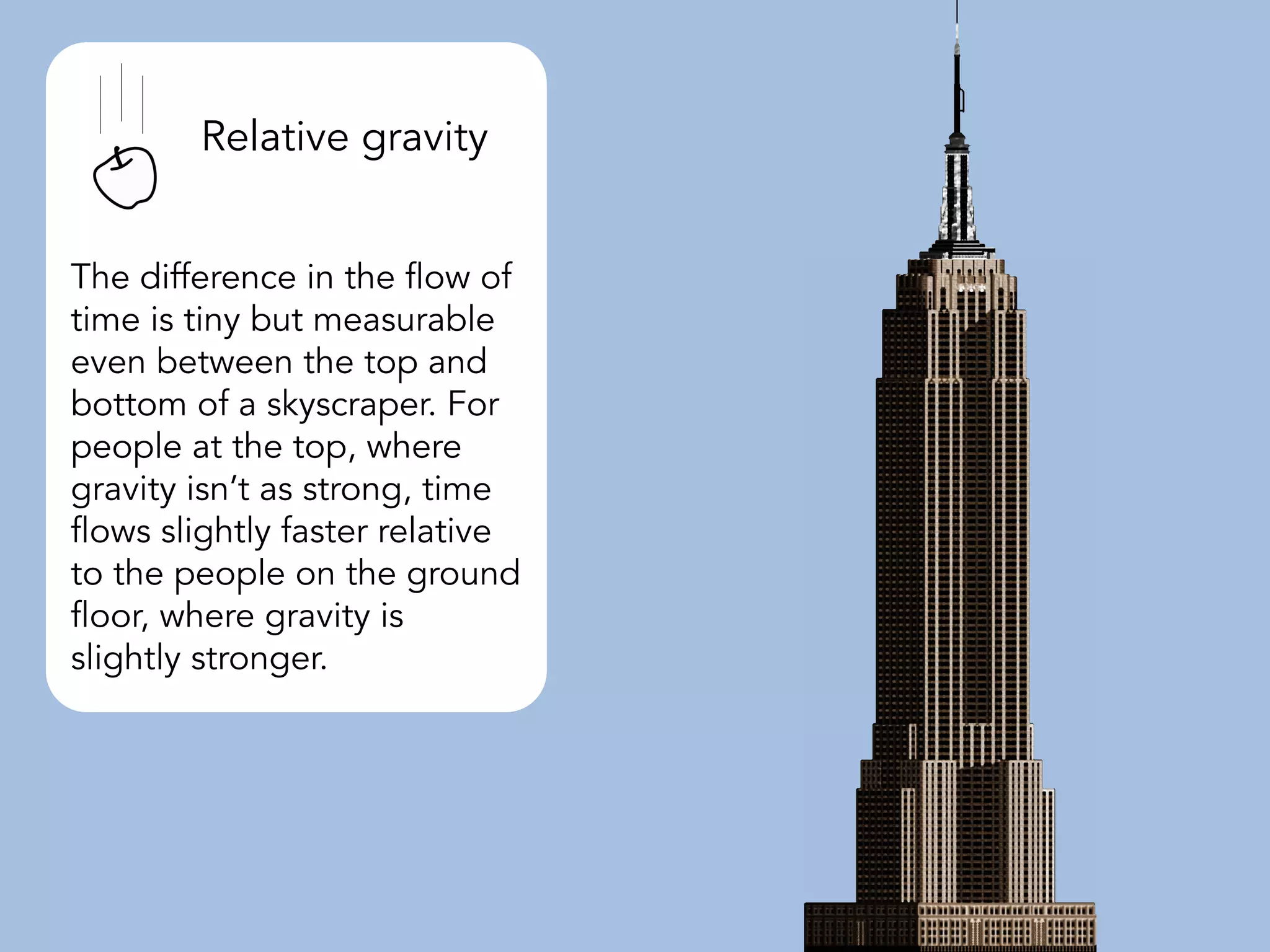 The difference in the flow of
time is tiny but measurable
even between the top and
bottom of a skyscraper. For
people at the top, where
gravity isn’t as strong, time
flows slightly faster relative
to the people on the ground
floor, where gravity is
slightly stronger.
Relative gravity
 