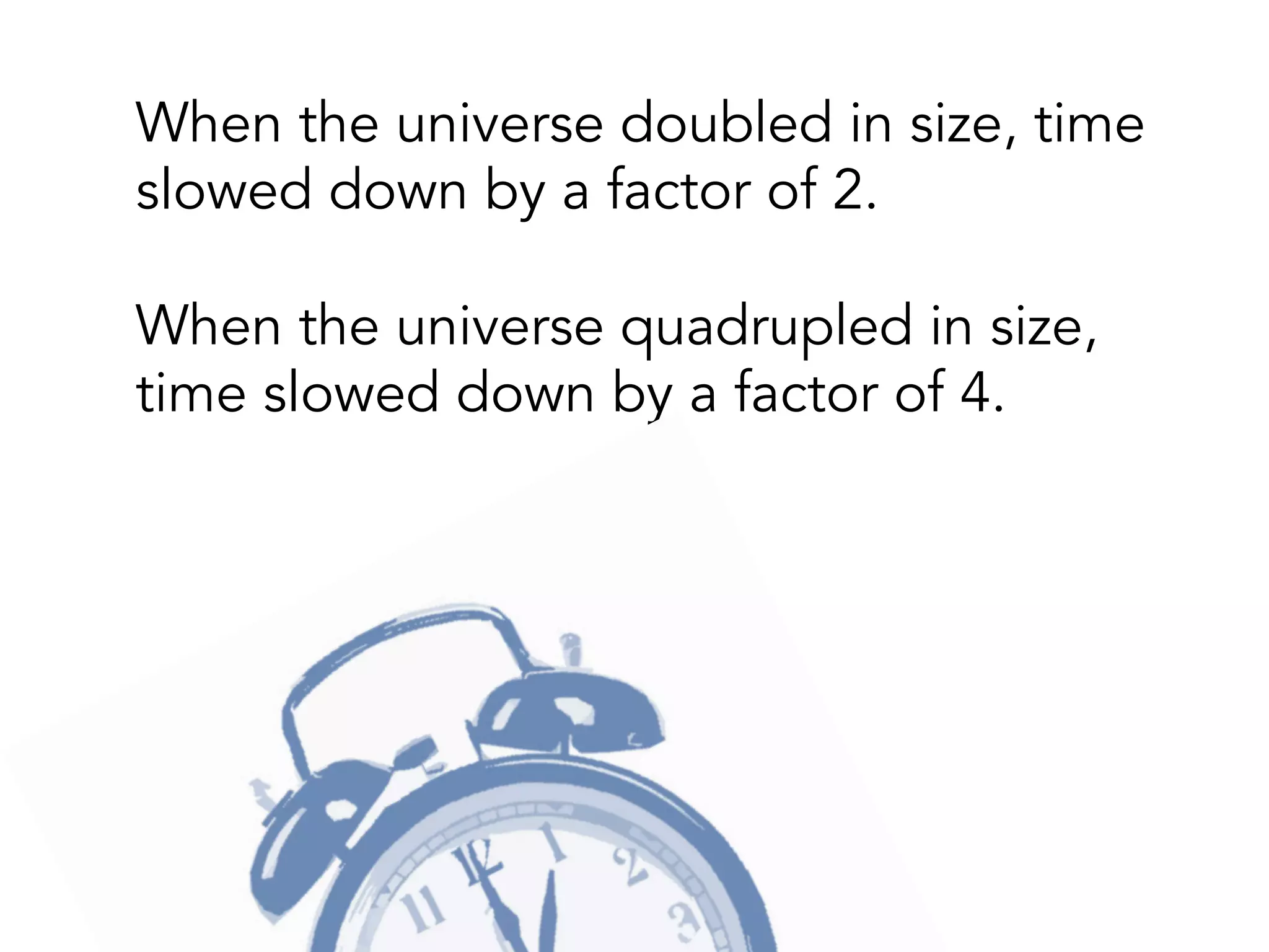 …the distance between waves crests
of light—and hence the duration
between the ticks of the cosmic clock
—also doubled.
 