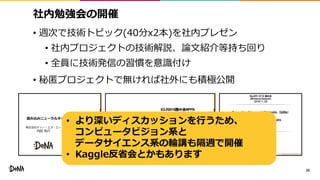 社内勉強会の開催
• 週次で技術トピック(40分x2本)を社内プレゼン
• 社内プロジェクトの技術解説、論文紹介等持ち回り
• 全員に技術発信の習慣を意識付け
• 秘匿プロジェクトで無ければ社外にも積極公開
20
• より深いディスカッションを行うため、
コンピュータビジョン系と
データサイエンス系の輪講も隔週で開催
• Kaggle反省会とかもあります
 