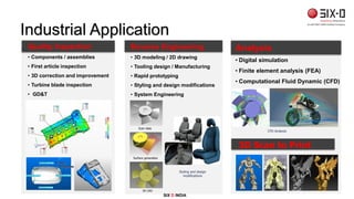 Industrial Application
Quality Inspection
• Components / assemblies
• First article inspection
• 3D correction and improvement
• Turbine blade inspection
• GD&T
Y axis
XY plane
Reverse Engineering
• 3D modeling / 2D drawing
• Tooling design / Manufacturing
• Rapid prototyping
• Styling and design modifications
• System Engineering
Analysis
• Digital simulation
• Finite element analysis (FEA)
• Computational Fluid Dynamic (CFD)
CFD Analysis
3D Scan to Print
Scan data
Surface generation
3D CAD
Styling and design
modifications
SIX D INDIA
 