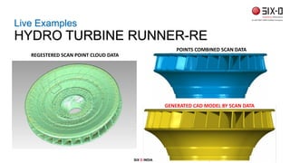REGESTERED SCAN POINT CLOUD DATA
GENERATED CAD MODEL BY SCAN DATA
POINTS COMBINED SCAN DATA
Live Examples
HYDRO TURBINE RUNNER-RE
SIX D INDIA
 